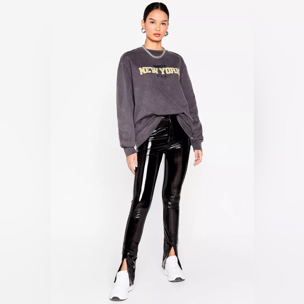 Vinyl High-waisted Slit Pants-Black US 8